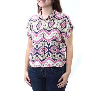 TIMING Womens Yellow Floral Short Sleeve Collared Button Up Top Size: S